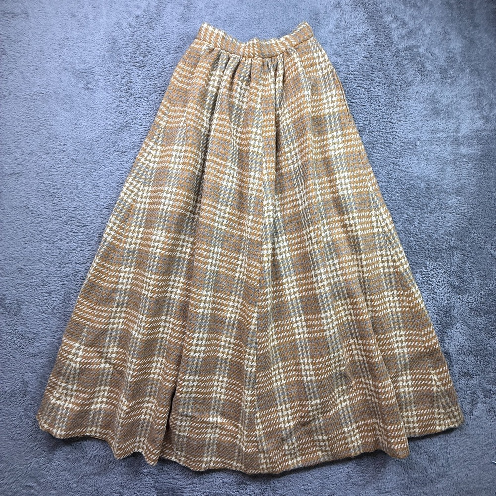 Vintage 70s Maxi Skirt Wool Blend Yellow Plaid Womens XXS Lined